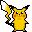 Pixelated yellow cartoon character with red cheek circles, black-tipped ears, and a lightning-bolt tail holding a white object in its right hand.