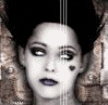 A static image of a person with dark hair and makeup, featuring text overlays reading "show me the dead stars" and "all of them sing."