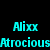 Pixelated text displays "Alix" and "Atrocious" in multiple color variations across a black background.