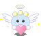 Pixelated angel icon with light blue body, white wings, yellow halo, and pink heart prop in various poses.