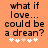 Orange background with black pixelated text reading 'what if love... could be a dream?' and five white plus signs below, two of which are light pink in the second frame.