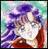 Pixelated image of a figure with purple hair against a gradient background of teal, white, and red tones.
