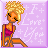 Pixel art contact sheet showing two frames of an animated AIM buddy icon featuring a cartoon woman with blonde hair in a high bun, wearing a pink top and orange pants, against a purple background with white plus signs and partial text.