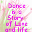 Pixelated image with pink text reading 'Dance is a Story of Love and life' over a soft pink and green floral background.