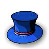 Blue top hat with red band rotates through multiple angles on a white background.