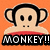 Pixelated monkey face with large ears and black eyes on orange background, red chest stripe, 'MONKEY!!' text below.