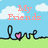 Pixelated cartoon scene with blue sky, white clouds, green grass; text overlays and 'love' script with pink hearts.