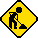 Four yellow diamond-shaped warning signs with black silhouettes of workers performing tasks, arranged in a on gray background