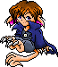 Pixelated character with brown hair, blue eyes, pink inner ears, and a dark blue coat over gray shorts sits in various poses against a light gray background.