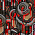 Pixelated dragon head with red splatters, brown and gray tones, and black outlines on a dark background.