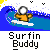 Pixelated icon shows a surfer riding a blue wave on gray background with white text "Surfin Buddy" below.