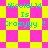 Pixelated text 'NicolaL14 Is Crazyyy !!' appears on a yellow and pink checkered background with diamond-shaped patterns.