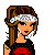Pixel art contact sheet showing multiple frames of a female character with brown hair, silver headband, red crop top, black pants, and pearl necklace posing in various angles with text "do I look like an angel to you?" on the right.