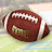 Animated sequence of a brown football with white laces and stripes on a green field background, showing three distinct orientations.