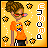 Pixel art of a character in an orange shirt with blue and white design, black pants, brown hair, pink sunglasses on yellow background with stars.