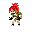 Pixelated character with red hair in military-style outfit performing walking animation with weapon and red particle effects.