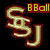 Pixelated golden 'SJ' letters with red outlines on black background, featuring yellow text boxes reading 'BBall' and '#3'.