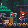 Pixel art animation of a character with red hair and purple top walking left to right across a dark forest scene with green-roofed structures.