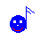 Four blue pixelated circular icons with red and white details, each featuring a flag or film reel element in different orientations.