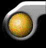 A spherical yellow-orange object with a textured surface sits within a metallic gray curved frame against black and light gray backgrounds.