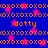 Blue background with repeating orange 'xoxo' patterns and pink star shapes, featuring the word 'dotty' in orange text at three positions.