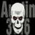 Pixelated skull icon with dark eye sockets and nose cavity, surrounded by stylized gray text on black background.