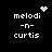 Pixel art icon with white text on black background showing "melodi -n- curtis" and four variations of a small pixelated heart or starburst symbol.