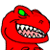 Static pixel art of a red cartoon dinosaur head with green eye, sharp teeth, and pink tongue against white background.