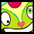 Pixelated green cartoon character with large gray eyes, pink heart symbols above and below the head on a yellow background.
