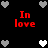 Black background with red 'In love' text and pixelated heart symbols in gray, white, and light gray.