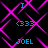Pixelated of cyan text and magenta lines on black background with repeated patterns