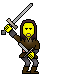 Pixelated character with yellow face and purple hair holds sword raised high in left hand, then swings sword horizontally across body in right hand.