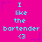 Static image with bright pink background, cyan text reading "I like the bartender" repeated three times, each followed by a cyan heart symbol, with purple star and dot patterns in corners.