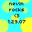 Pixelated blue background with yellow-green circles, text 'nevin rocks', '<3', and '1.29.07' in black pixel font.
