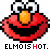 Pixelated Elmo face with red skin, orange nose, white eyes, black mouth; four identical display text 'ELMOIS HOT.' with varying letter color and punctuation