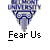 Two identical pixelated blue and white university crest icons with "Fear Us" text below each, displayed on a gray background alongside red and black promotional text for badassbuddy.com.