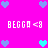Pixelated icon with bright pink background, repeating text "BEGGA <8" and alternating heart symbols in cyan and light blue.