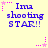 Pixelated text "Ima shooting STAR!!" in blue on a light yellow background with pink star and dotted line accents.
