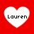 Four white heart shapes on a red background, each containing the text 'Lauren' in black pixelated font.