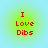 Four identical circular icons with red text "I Love Dibs" on a light blue background, each featuring a green gradient halo.