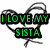Heart-shaped outline with text overlays: 'I LOVE MY SISTA' in green, 'SPICE' in cyan, and '<33333' in purple.