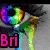 A colorful eye with rainbow hues and a black pupil, green liquid dripping from it, next to a palette of paint colors.