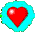Six cyan circular icons with red heart symbols in various states of rotation and orientation on a gray background.
