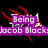 Pixelated image with red claw-like shapes on black background, pink and purple text overlays reading "Being Jacob Black is more fun than it looks!" and "stalker".