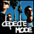 Pixelated image of four figures against a blue background with palm trees, featuring large white text reading DEPECHE MODE at the bottom.