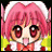 Pixelated anime-style character with pink hair and red eyes, wearing a white and red outfit with yellow accents, on a black background with text.