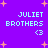 Pixelated text 'JULIET BROTHERS' with heart symbol on purple background, surrounded by orange stars in four repeated arrangements.