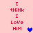 Red pixelated text on pink background reads 'I think I love him' with blue and purple heart icons appearing in different positions across frames.
