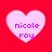 Four pink heart-shaped icons with purple text 'nicole roy' on a red background, each displaying slight variations in pixelation and alignment.