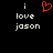 Black background with white pixelated text 'i love jason' on both sides and a red heart symbol above the left side.